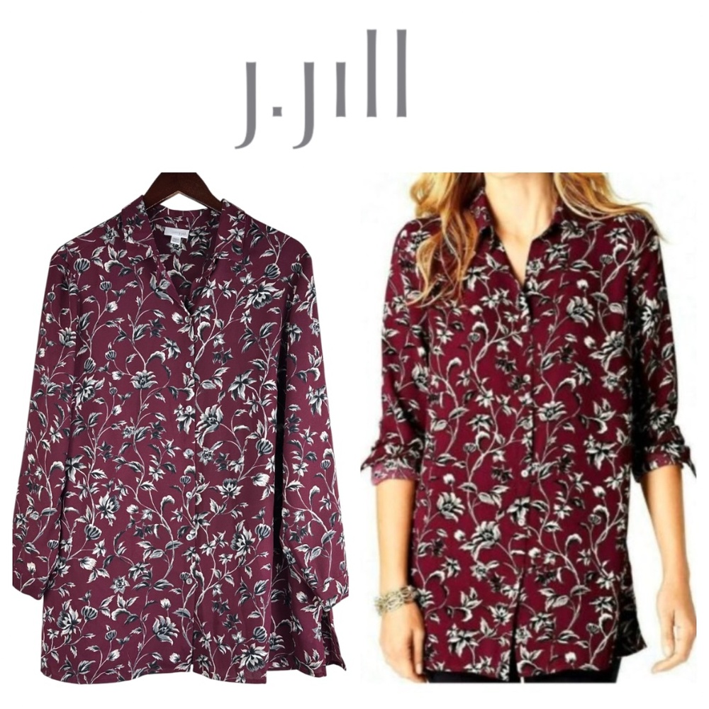 J Jill Shirt Top Blouse Sz 1X 16 18 Burgundy Silver Floral Silky Elegant Career